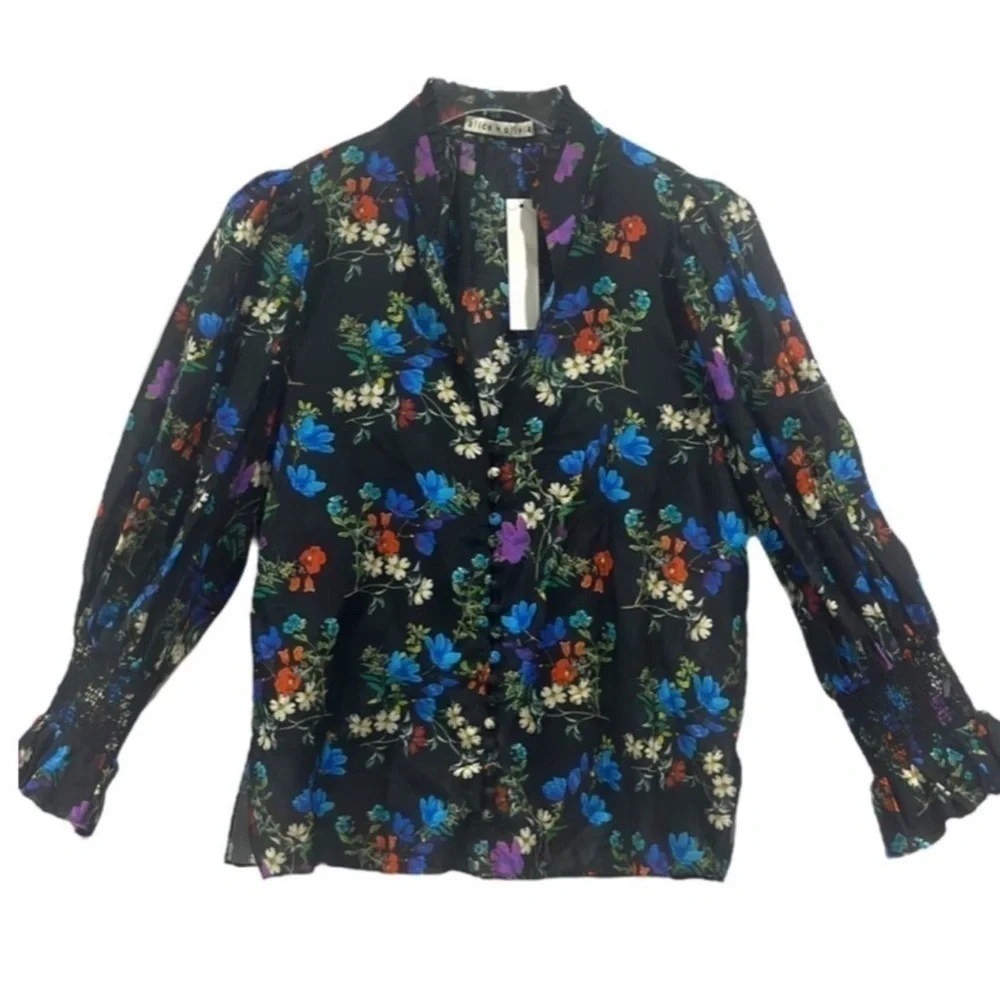 Alice & Olivia llan Silk Floral Long Sleeve button-down, semi sheer blouse Small_6
